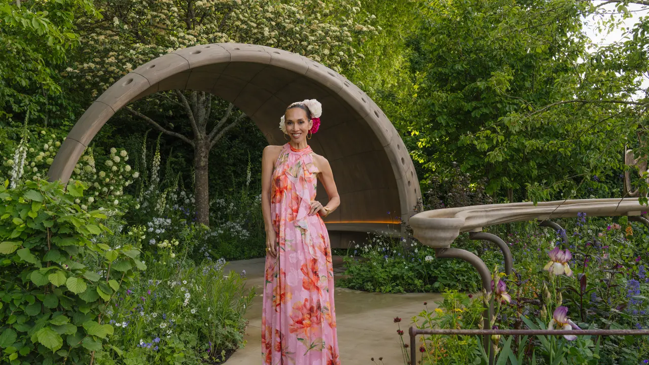 Myleene Klass posing while in the Parkinson's UK garden at RHS Chelsea Flower Show