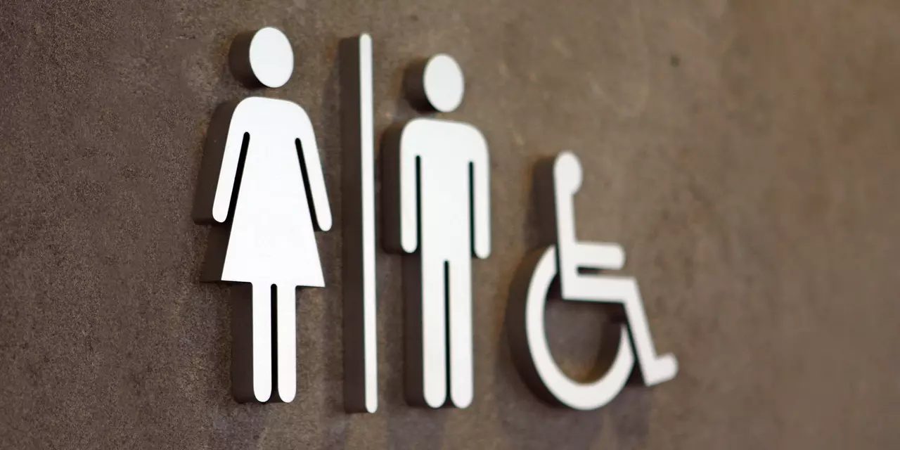 Male, female and disabled toilet symbols on a door