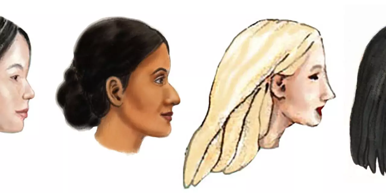An artistic drawing of the faces of 6 women from different ethnic backgrounds in profile