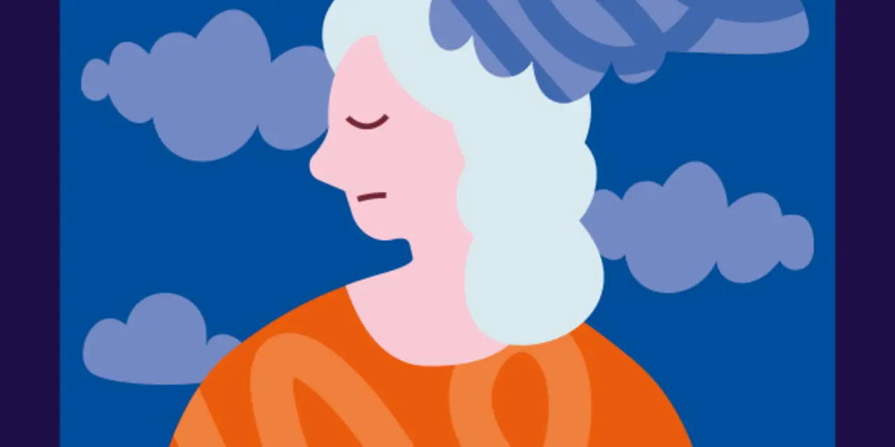 Illustration of lady with clouds around her head to depict mental health 