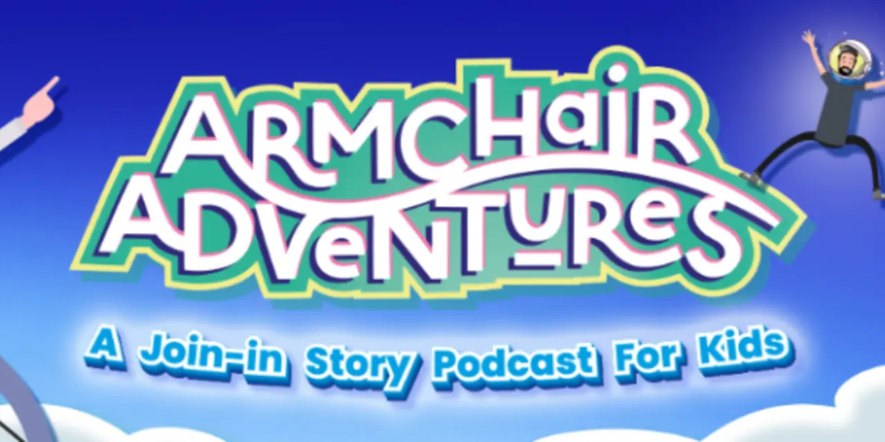 Banner image of the Armchair Adventures storytelling podcast logo with featuring the cartoon image of Connie as she journeys through the story