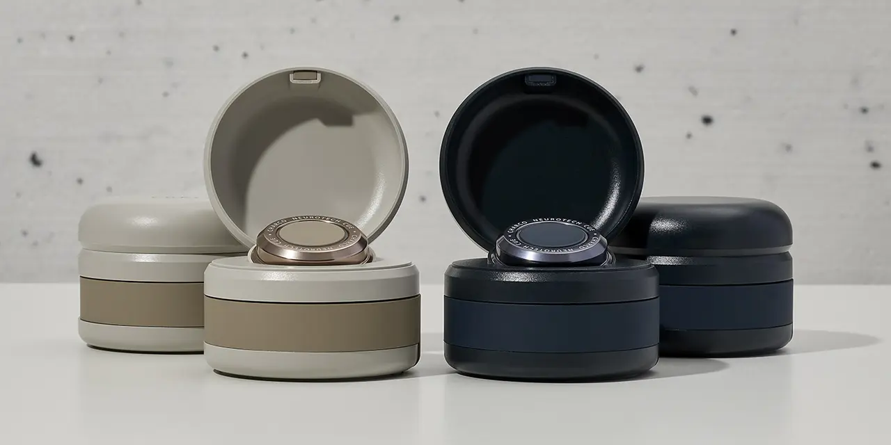 Two CUE1+ devices on a table, one in a beige colour and another in black. The device is a small, round shape, and sits in its display case.