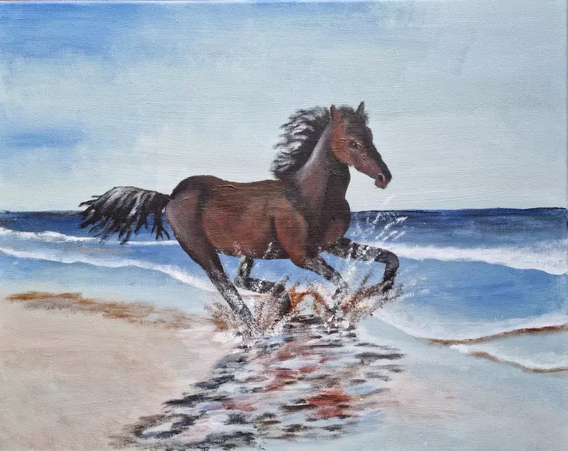 A painting of a brown horse galloping along a beach.