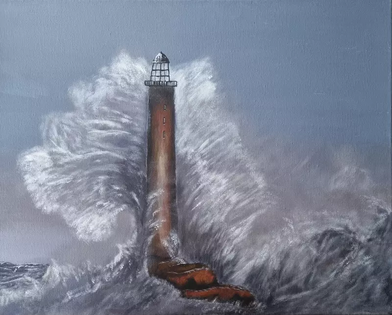 A painting of a wave breaking against a lighthouse.