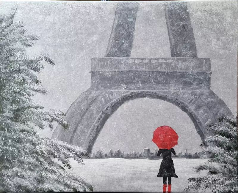 A painting of a snowy scene of the Eiffel Tower in grey tones. There is a single person walking towards the tower with a red umbrella. 