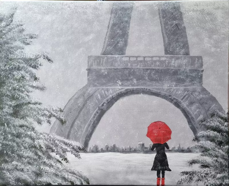 A painting of a snowy scene of the Eiffel Tower in grey tones. There is a single person walking towards the tower with a red umbrella.