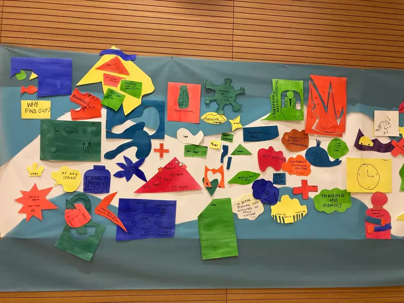 A collage of colourful shapes and messages that workshop participants created to share their feelings about Parkinson’s dementia