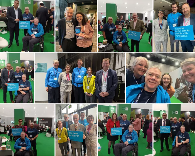 Collage of photos of staff, voulunteers and MPs holding placards at party conferences 2023